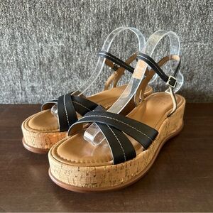 Naturalizer Womens Rikki Cork Wedge Sandals Black Slingback Leather Size 9.5